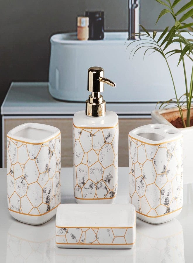 Kookee Ceramic Bathroom Set - Stylish 4 Piece Bath Accessories Kit with Soap Dispenser, Toothbrush Holder, Tumbler & Soap Dish - Modern & Designer Decor for Home & Guest Bathrooms, White/Gold (9898) - Image 4